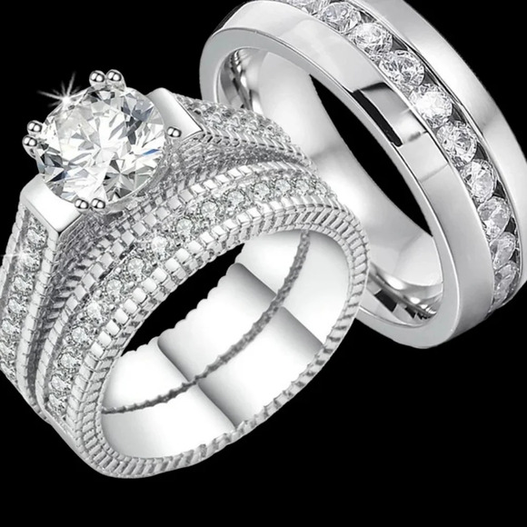 NEW Diamond Simulant Engagement Band Ring‎ Set - Picture 1 of 16
